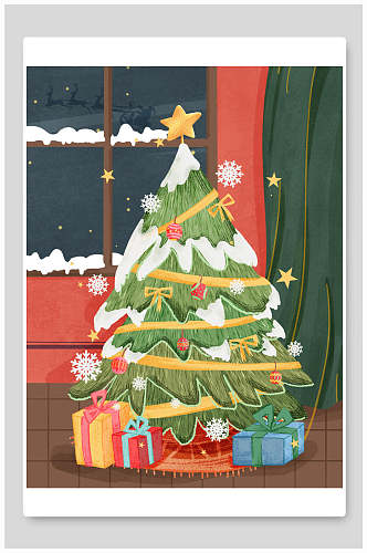 树木礼盒窗户素雅高端圣诞节插画