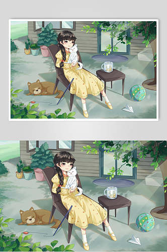 少女猫咪素雅创意森系野外仙境插画