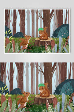 松鼠树木素雅创意森系野外仙境插画