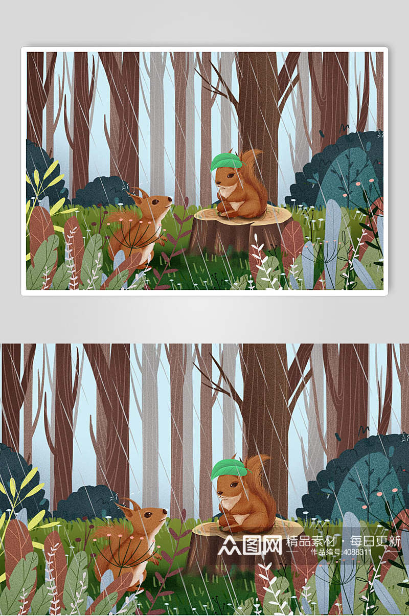 松鼠树木素雅创意森系野外仙境插画素材