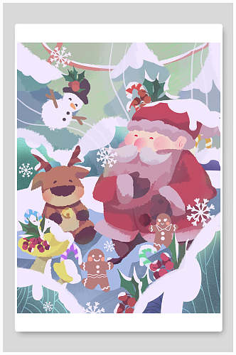 麋鹿树木下雪素雅高端圣诞节插画