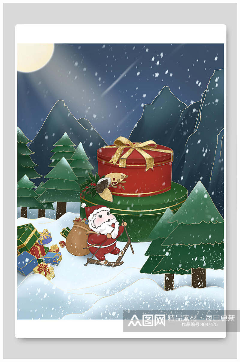 树木礼盒月光素雅高端圣诞节插画素材