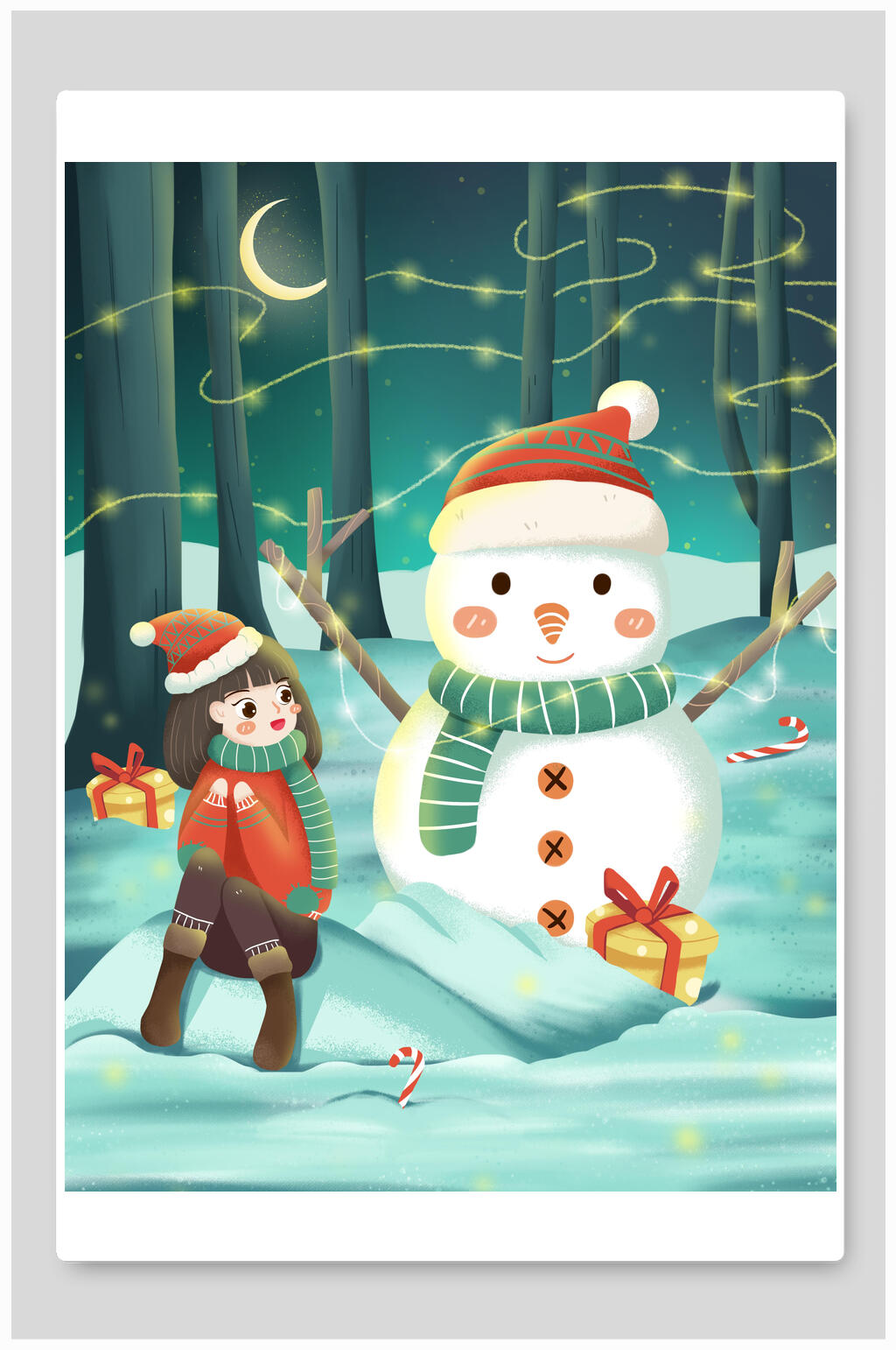 月光雪人素雅高端绿色圣诞节插画素材