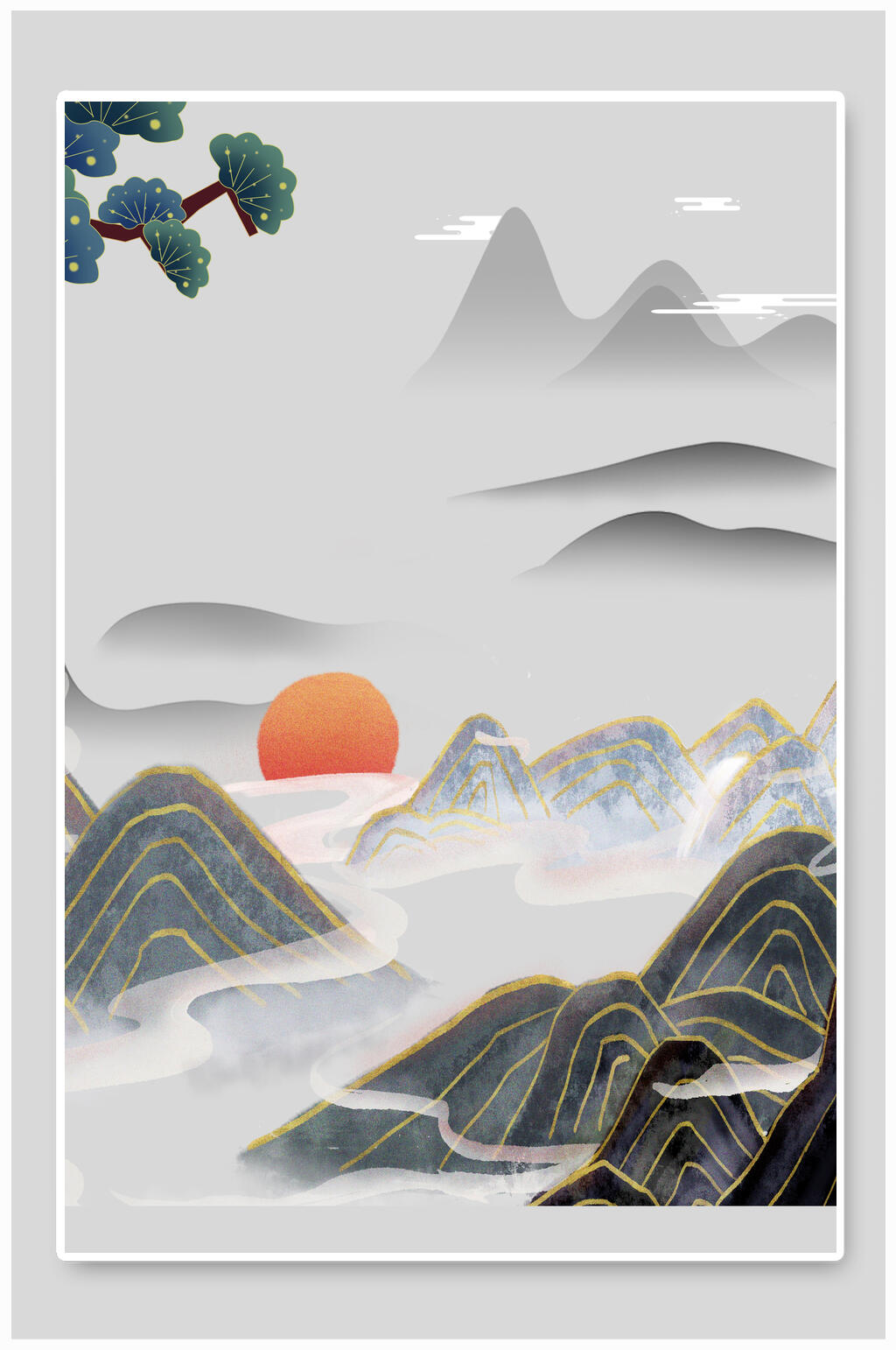 山峰树木高端素雅清新中国风背景素材