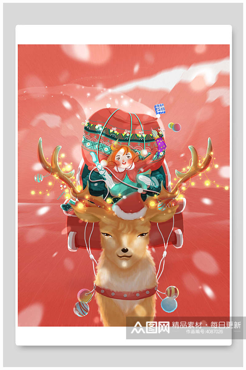 麋鹿红色素雅高端手绘圣诞节插画素材