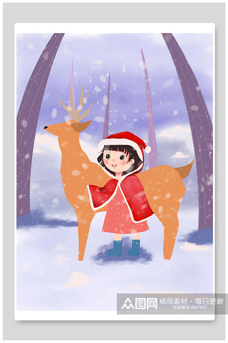 麋鹿少女紫黄素雅创意圣诞节插画素材