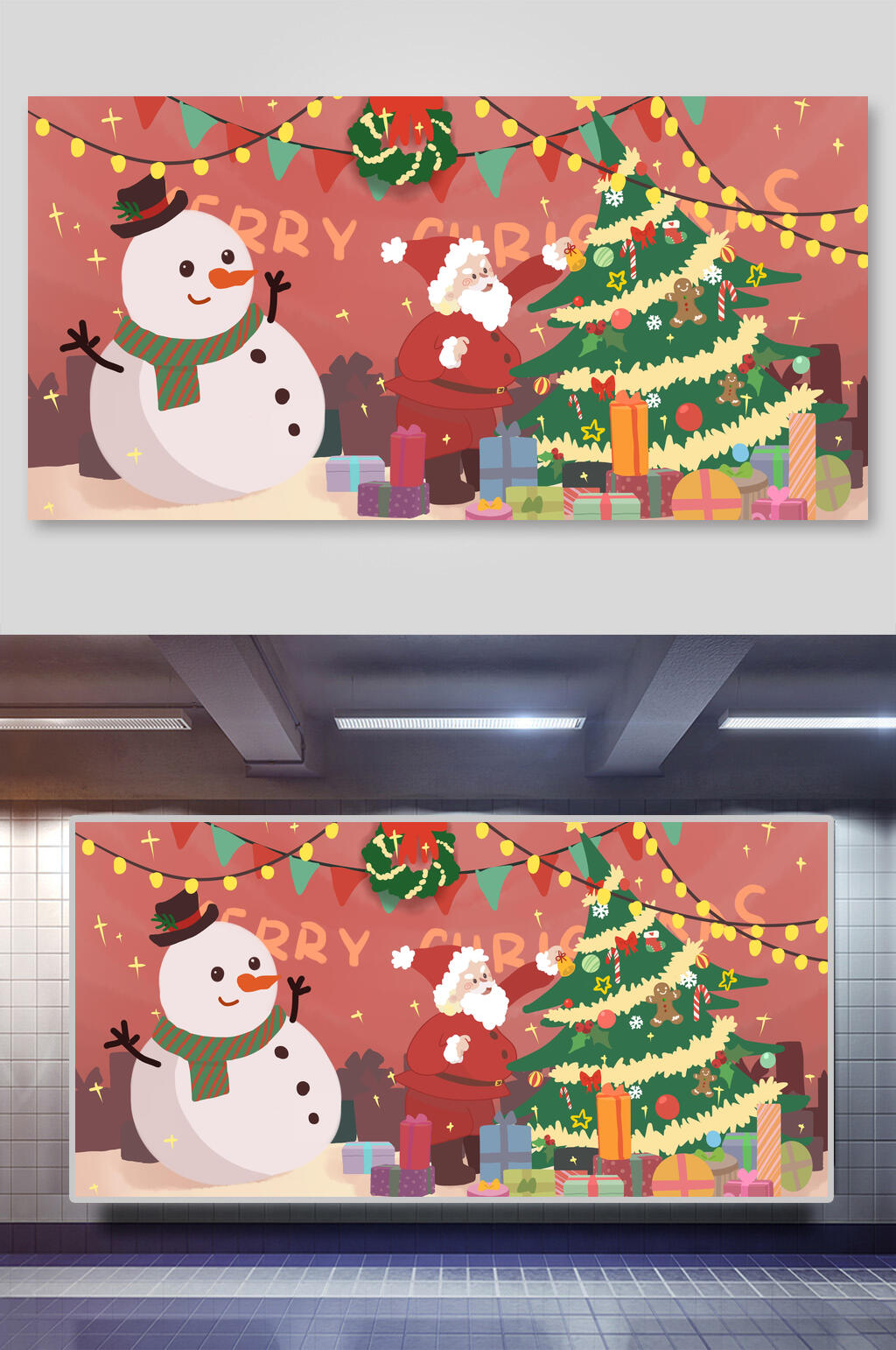雪人树木素雅高端红绿色圣诞节插画素材
