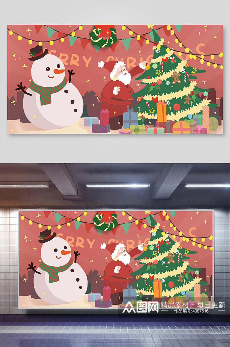 雪人树木素雅高端红绿色圣诞节插画素材