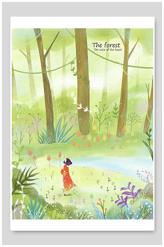 少女树木绿色清新森系野外仙境插画