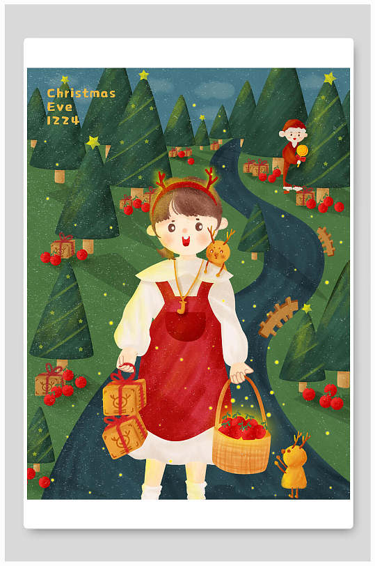 树木水果少女素雅高端圣诞节插画