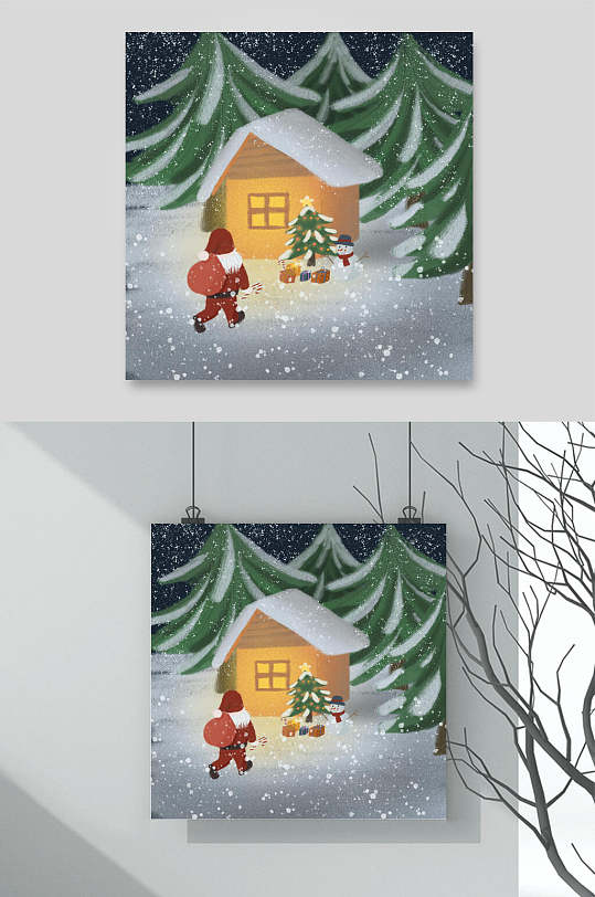 房子树木发光素雅创意圣诞节插画