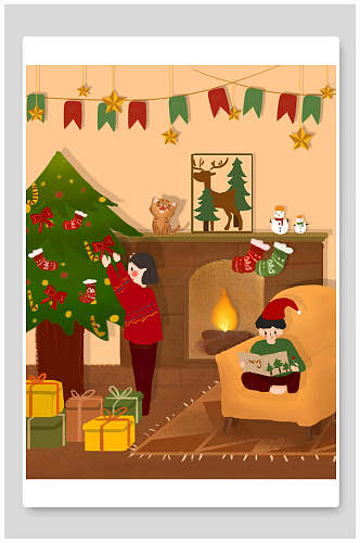 树木礼盒沙发素雅高端圣诞节插画