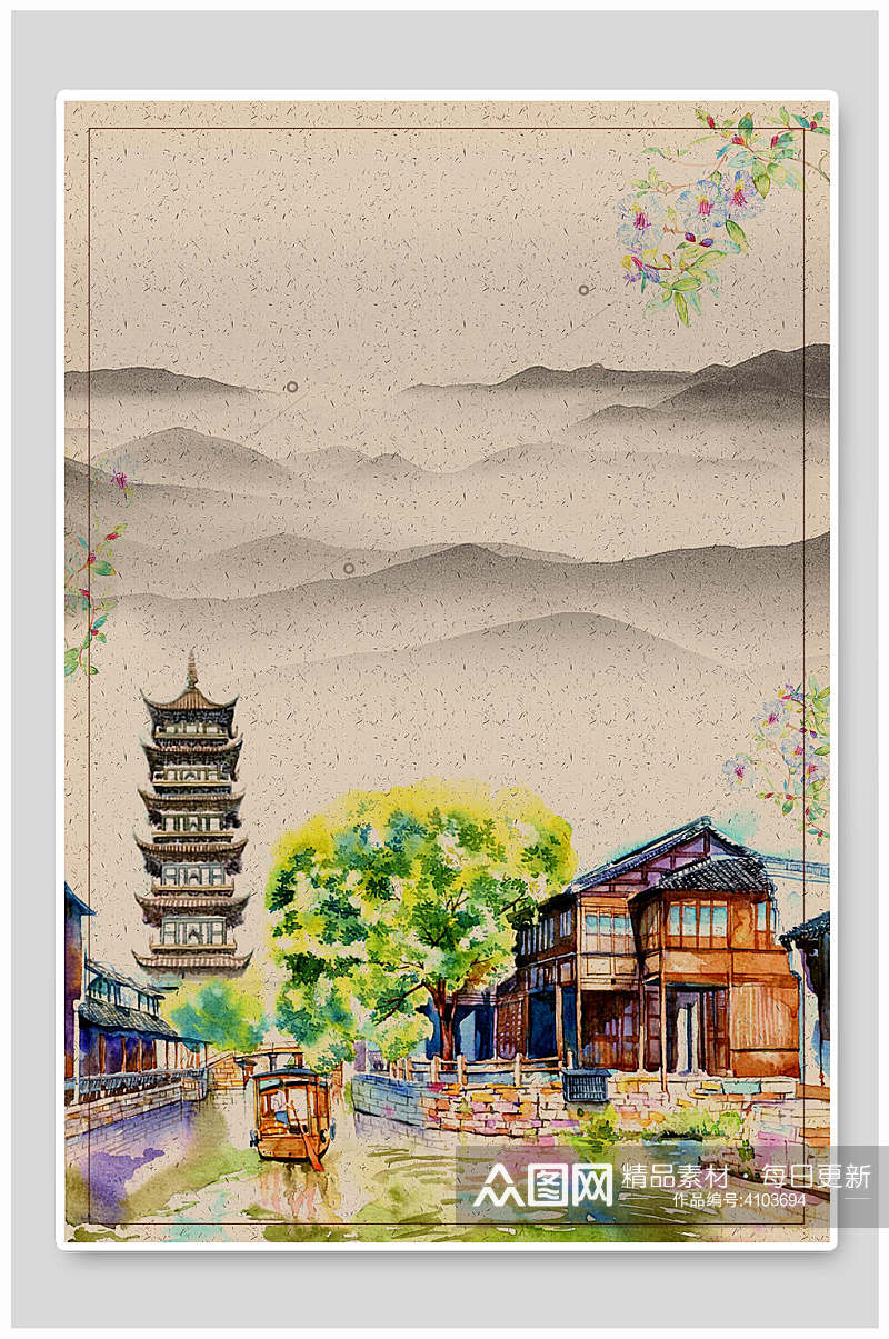 手绘风中国风山水画背景素材
