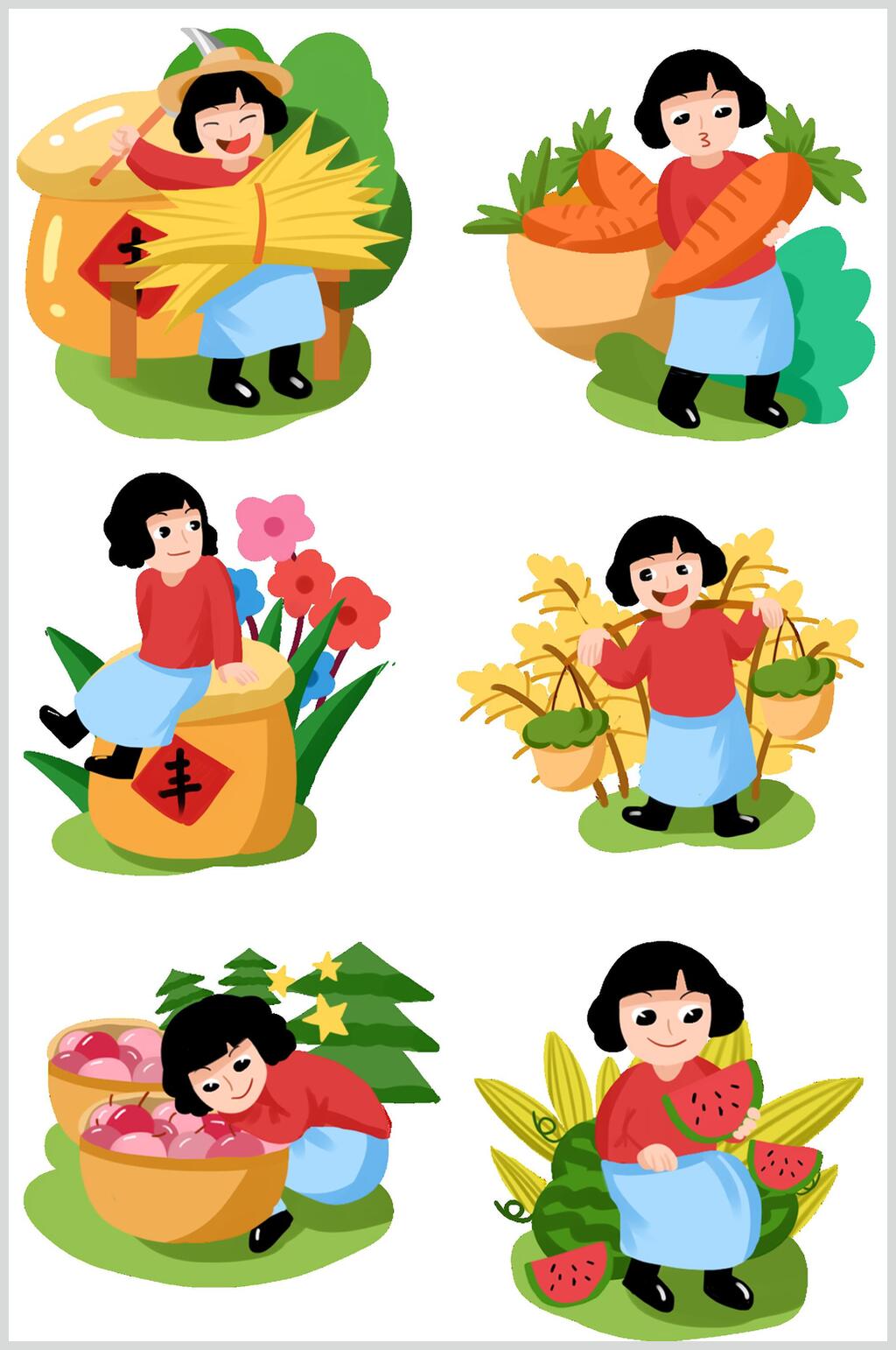 卡通吃西瓜秋收场景插画素材素材