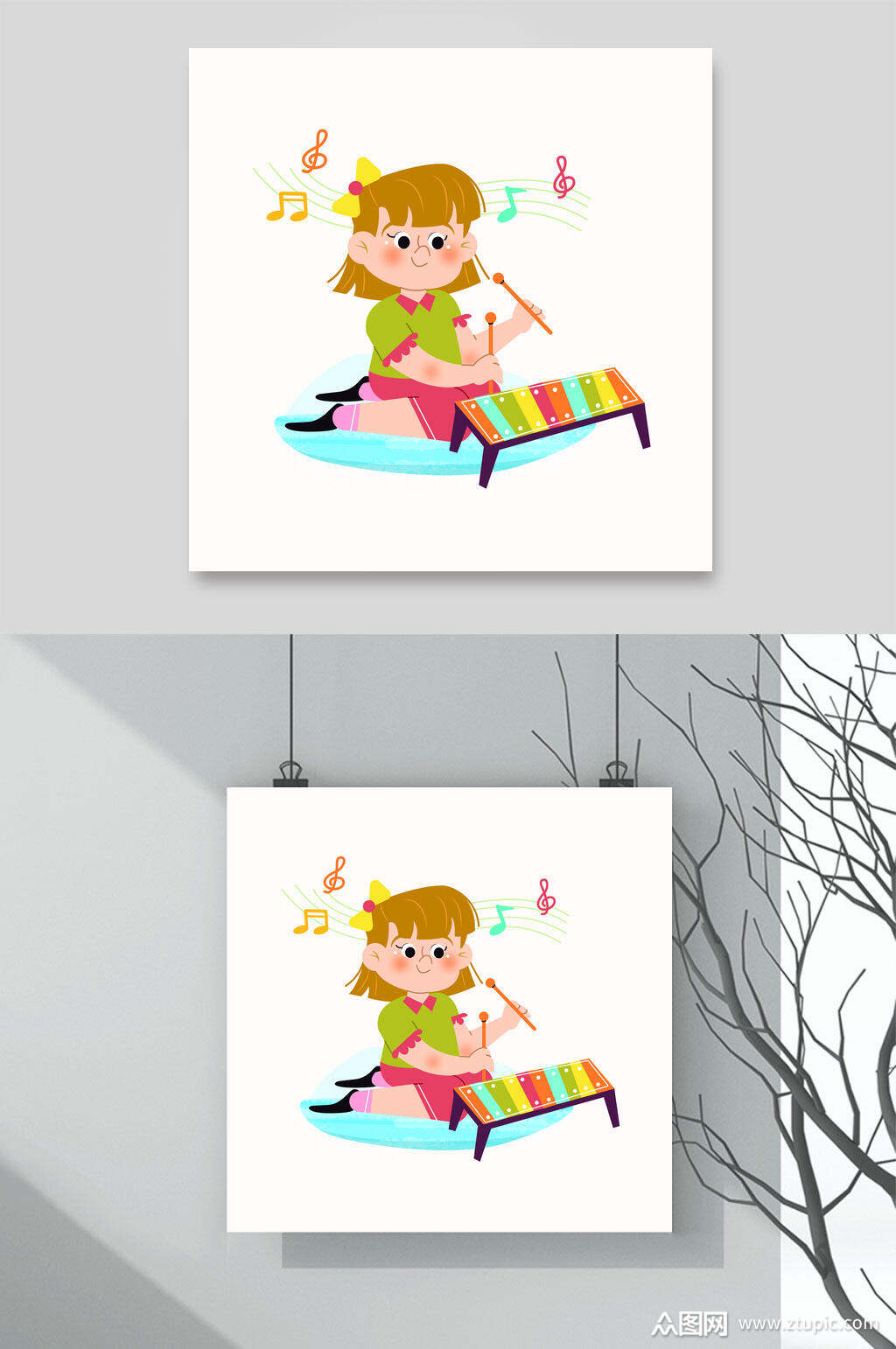 敲扬琴可爱儿童矢量插画素材