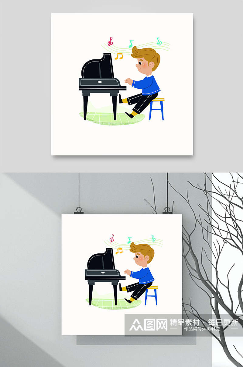 弹钢琴可爱儿童矢量插画素材