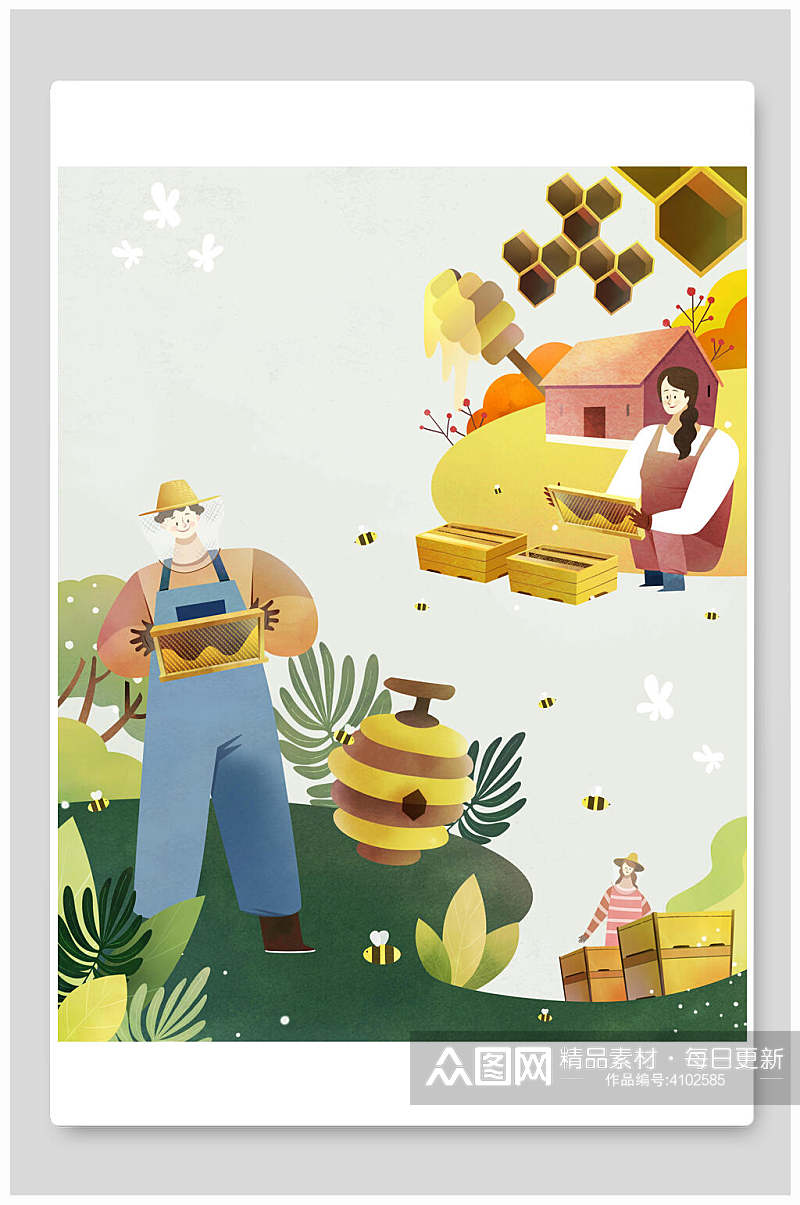 蜜蜂清新丰收插画素材