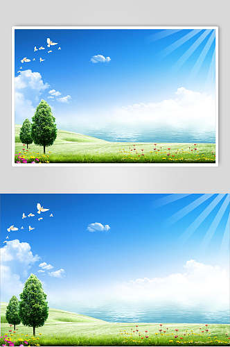 绿树白云蓝天风景图片