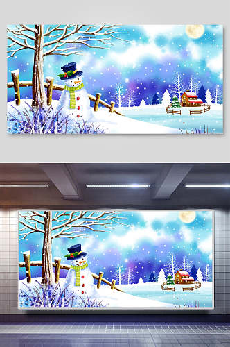 雪人蓝色圣诞节雪地背景