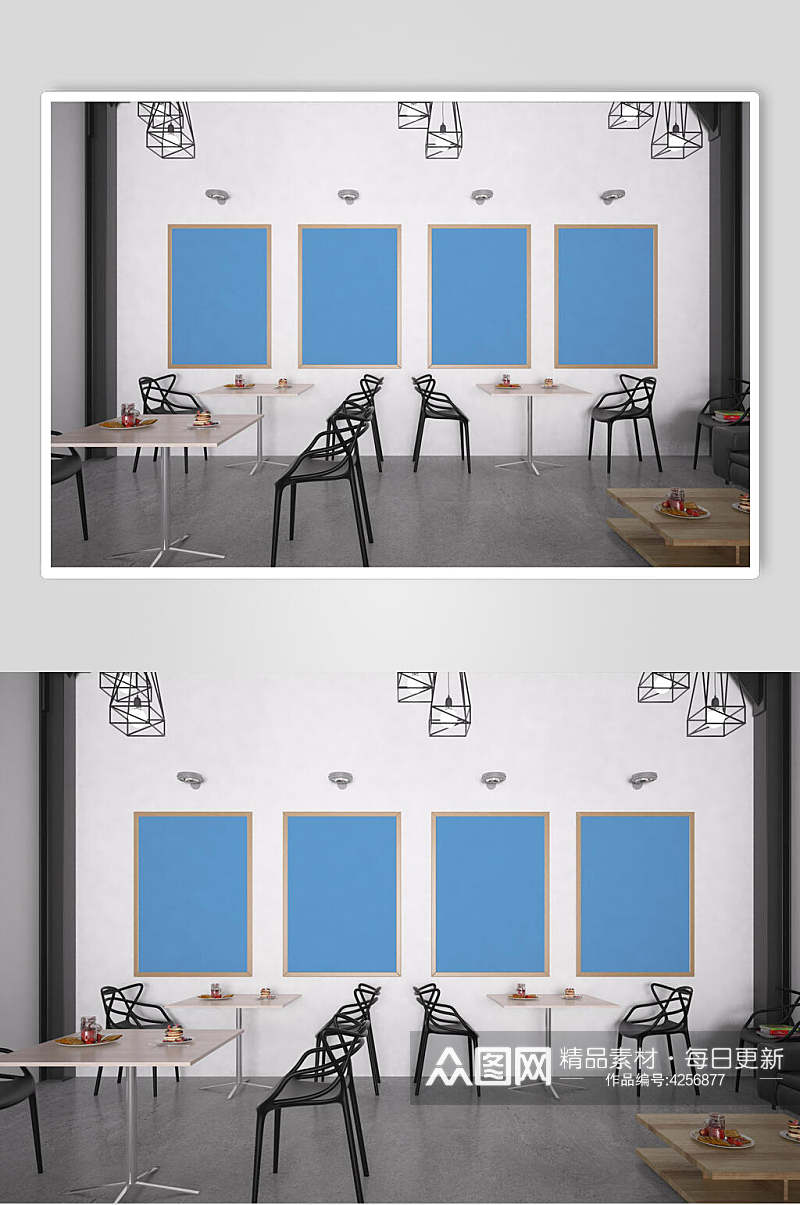 蓝色咖啡厅餐饮墙纸样机素材
