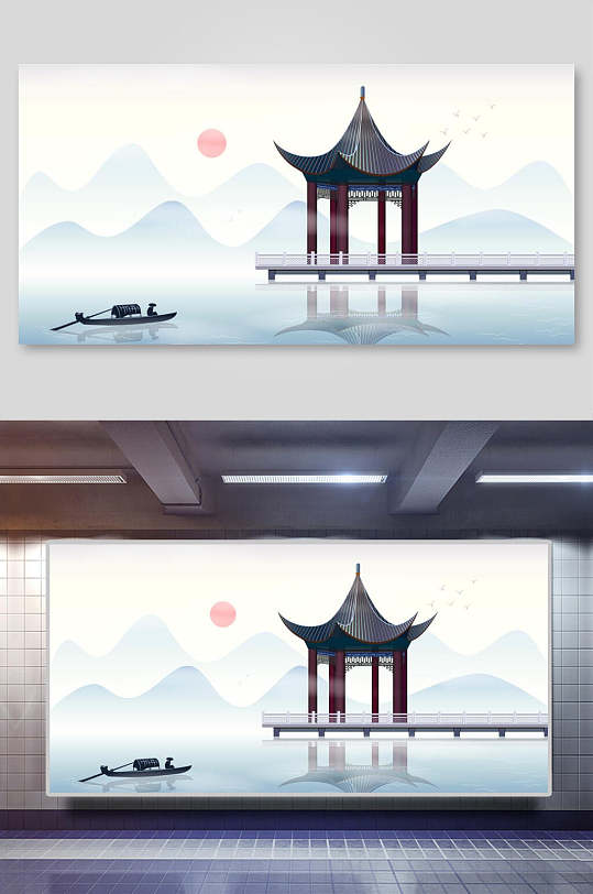 创意渔船凉亭手绘建筑矢量插画