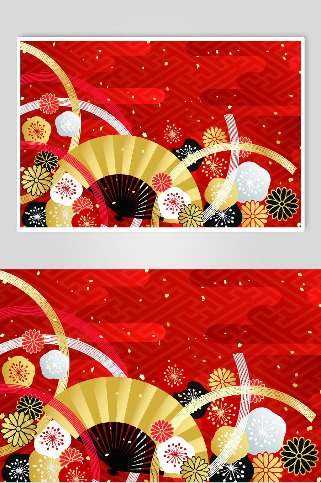 红色扇子日式和风仙鹤波纹素材素材