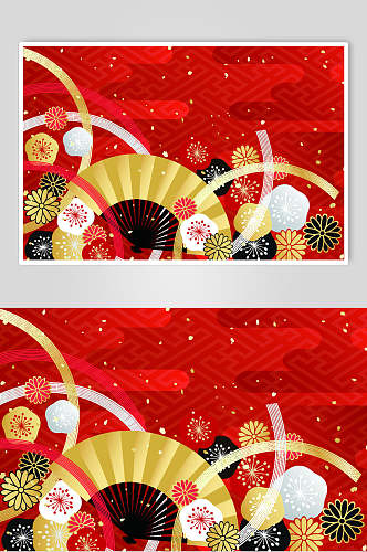 红色扇子日式和风仙鹤波纹素材