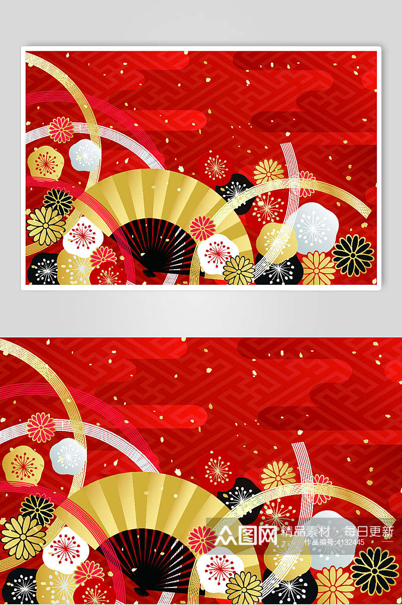 红色扇子日式和风仙鹤波纹素材素材