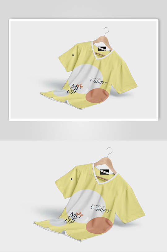 黄色印花V领简洁T恤服装贴图样机