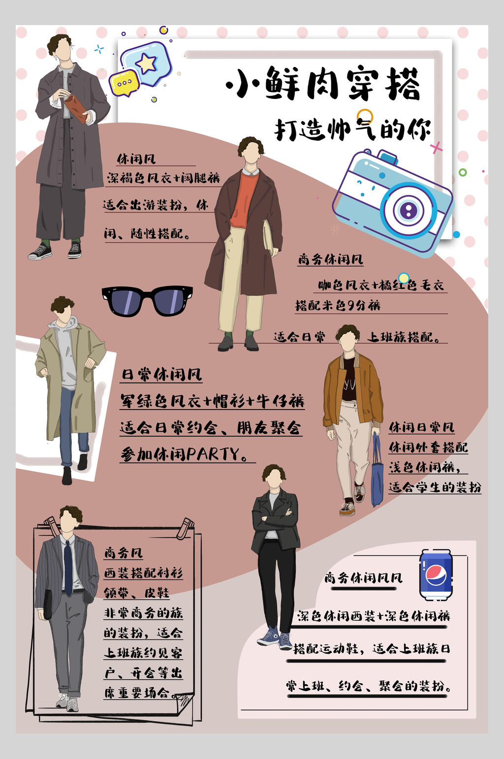 手绘小鲜肉穿搭手账海报素材
