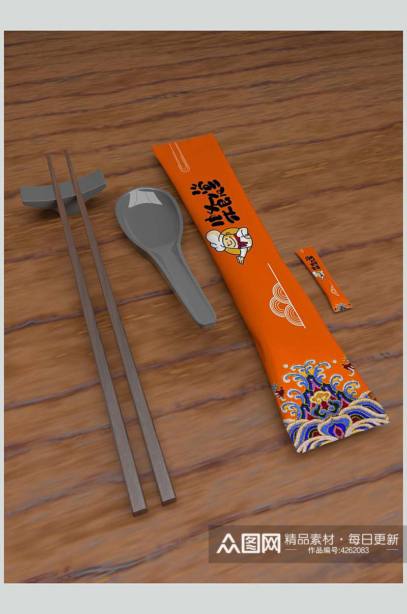 国潮祥纹橙色一次性餐具筷子样机素材