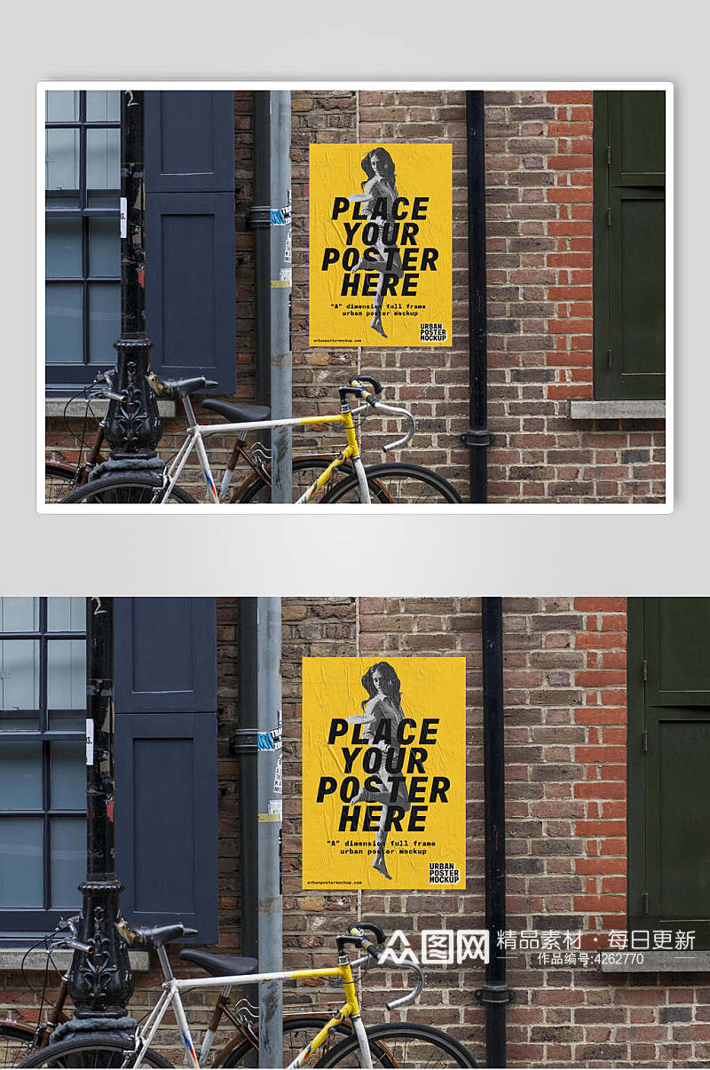 黄色创意英文户外海报展示场景样机素材