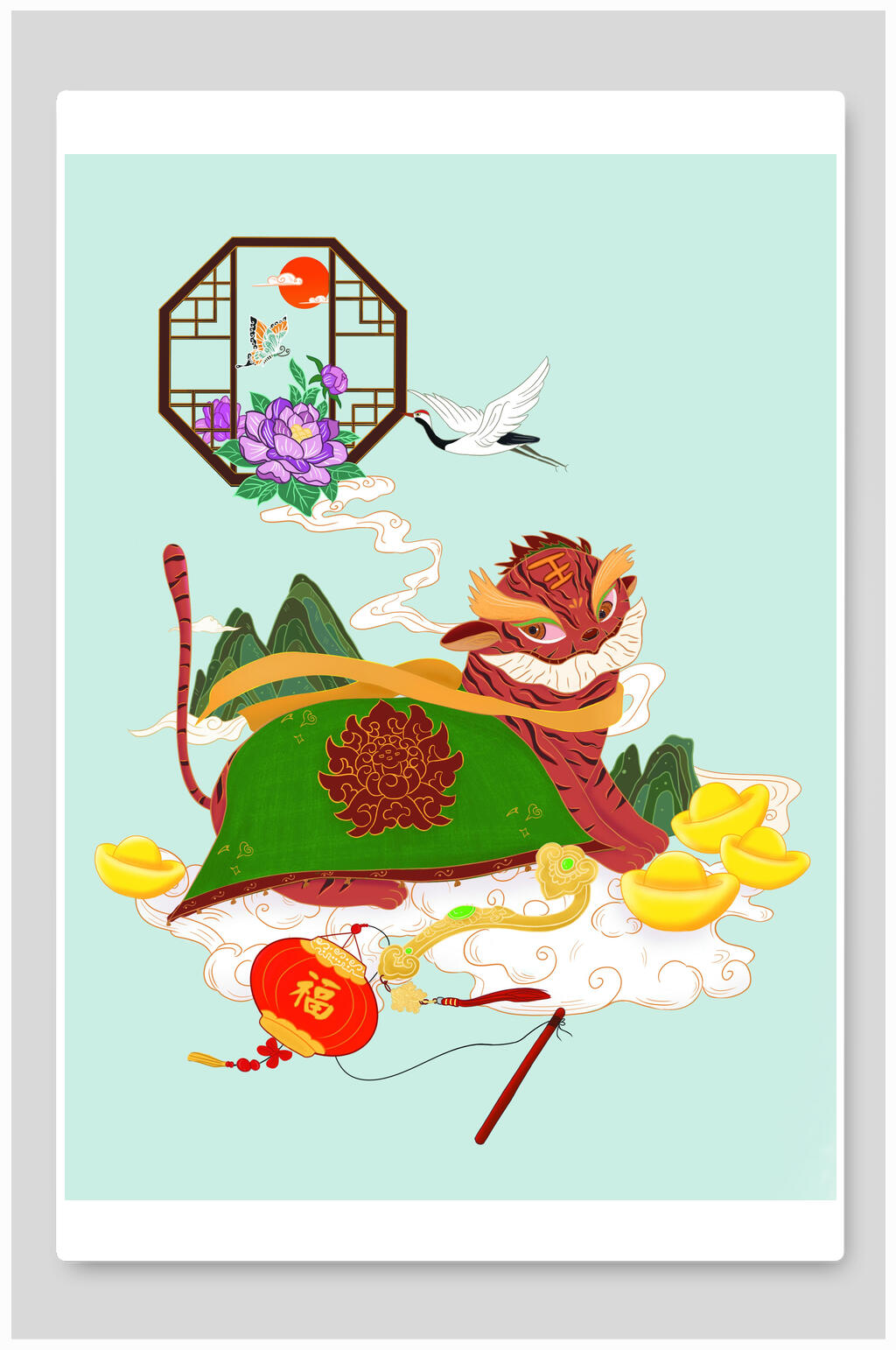 手绘灯笼虎年插画素材
