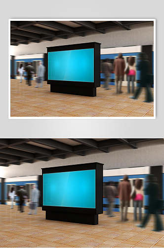 黑色边框蓝色长方形地铁广告海报样机