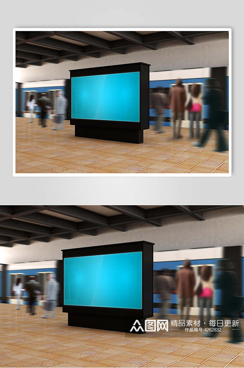 黑色边框蓝色长方形地铁广告海报样机素材