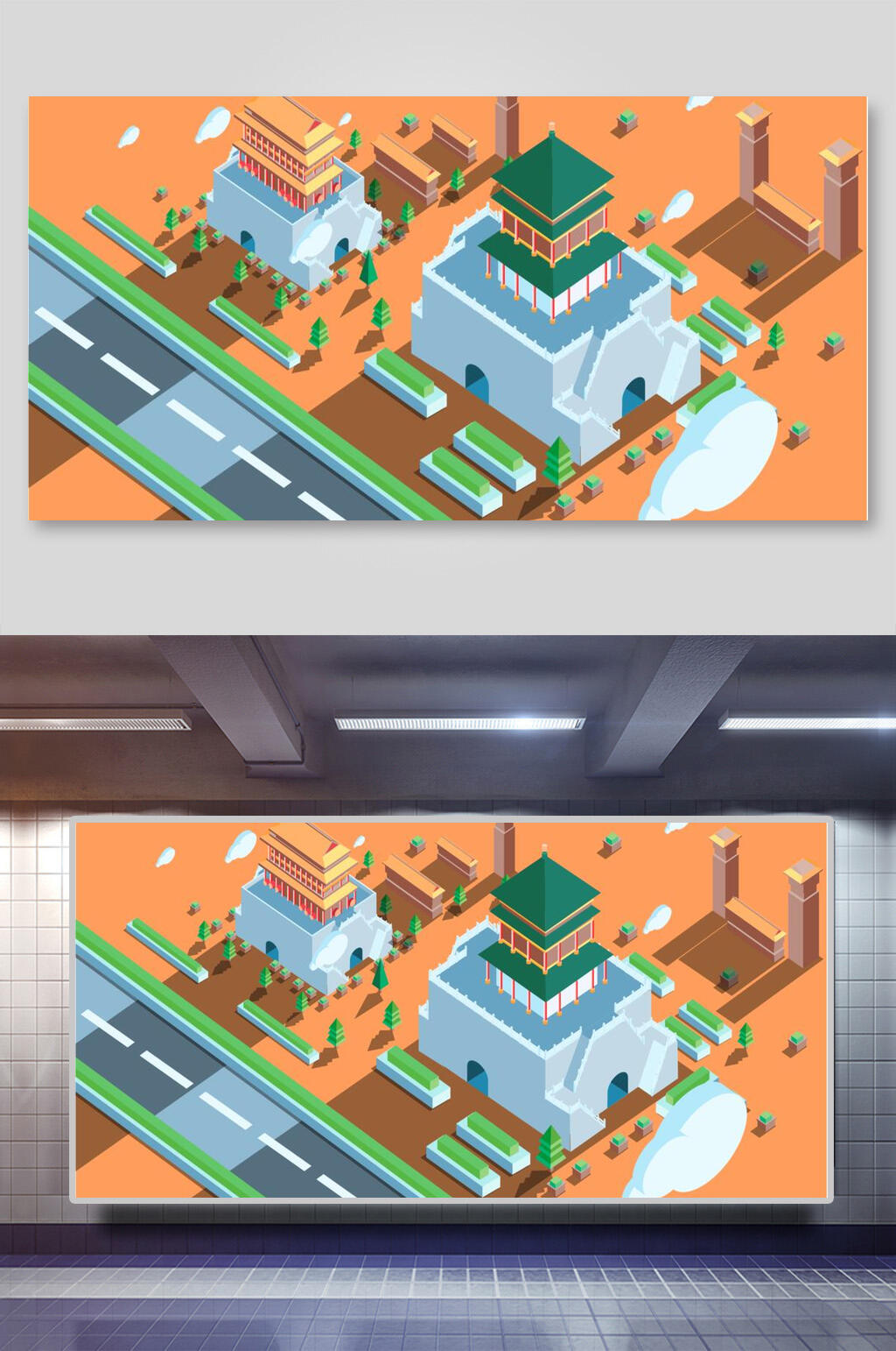 橘色手绘建筑矢量插画素材