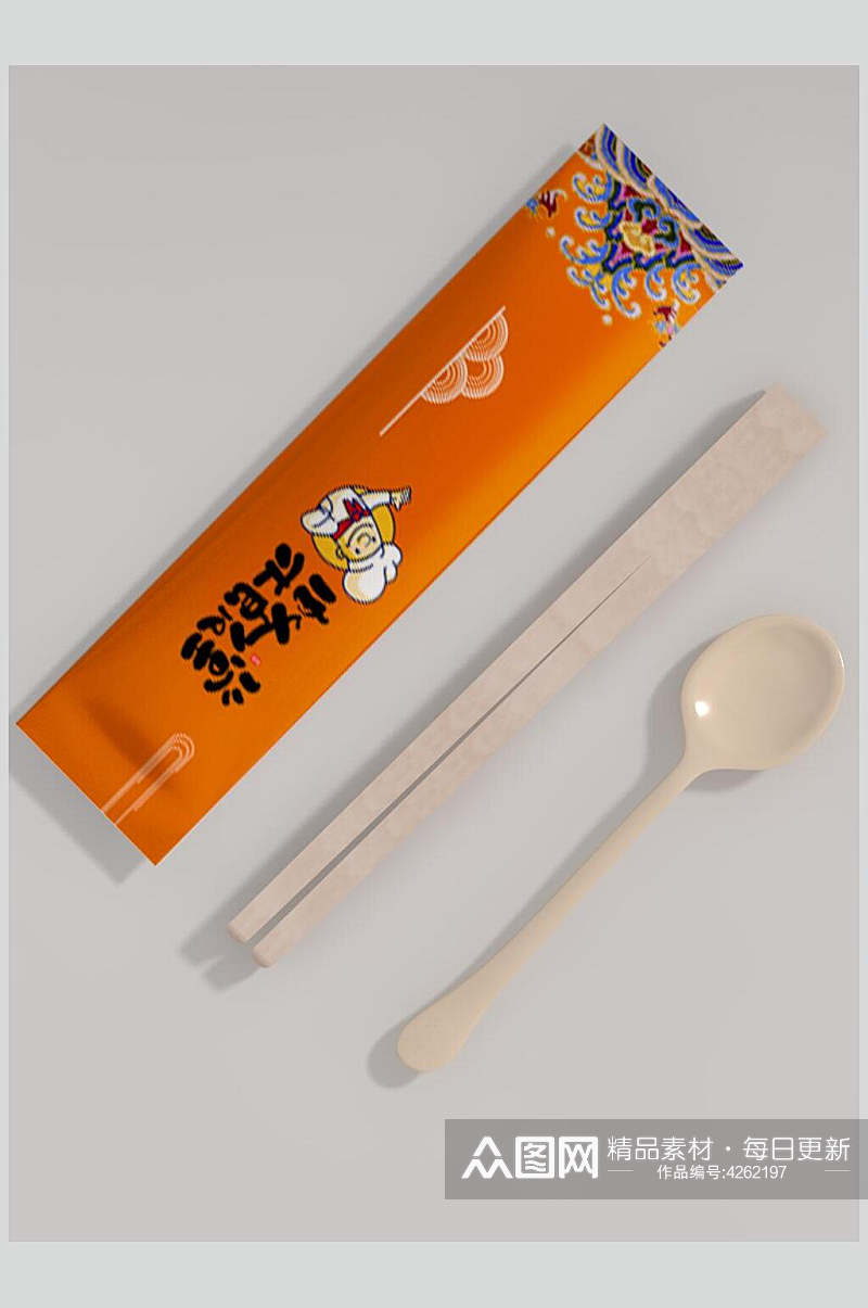 橙色卡通一次性餐具筷子样机素材