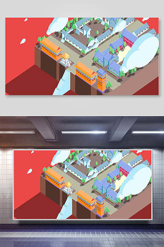 创意云朵中式手绘建筑矢量插画