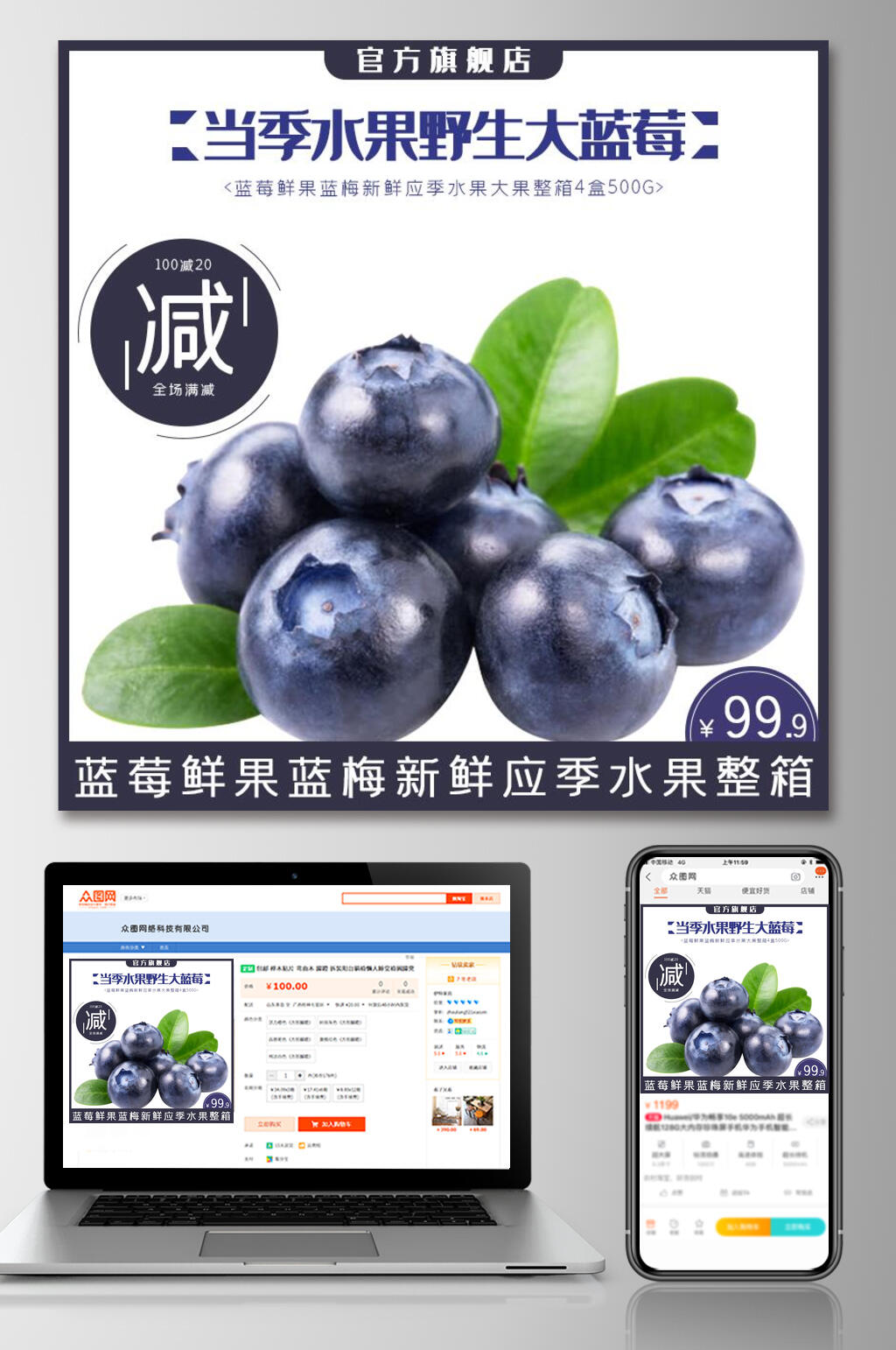 当季水果野生大蓝莓水果电商主图素材