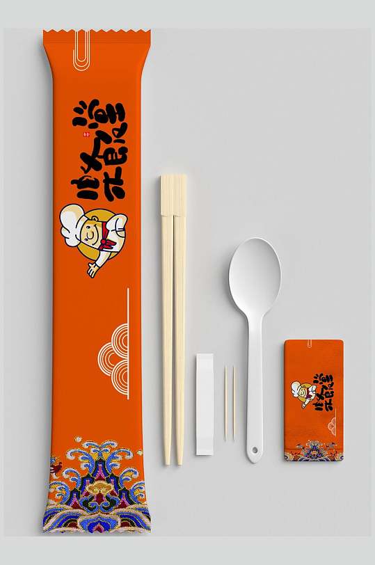 橙色国潮风一次性餐具筷子样机