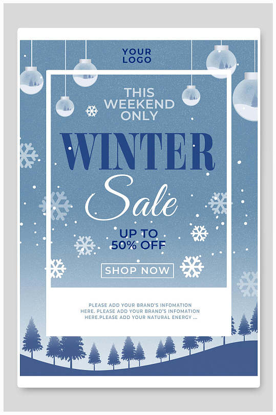 雪花蓝色英文冬天雪花圣诞节海报