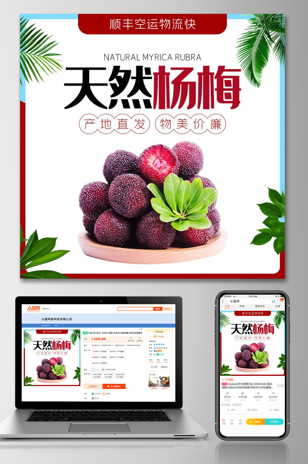 天然杨梅水果电商主图素材