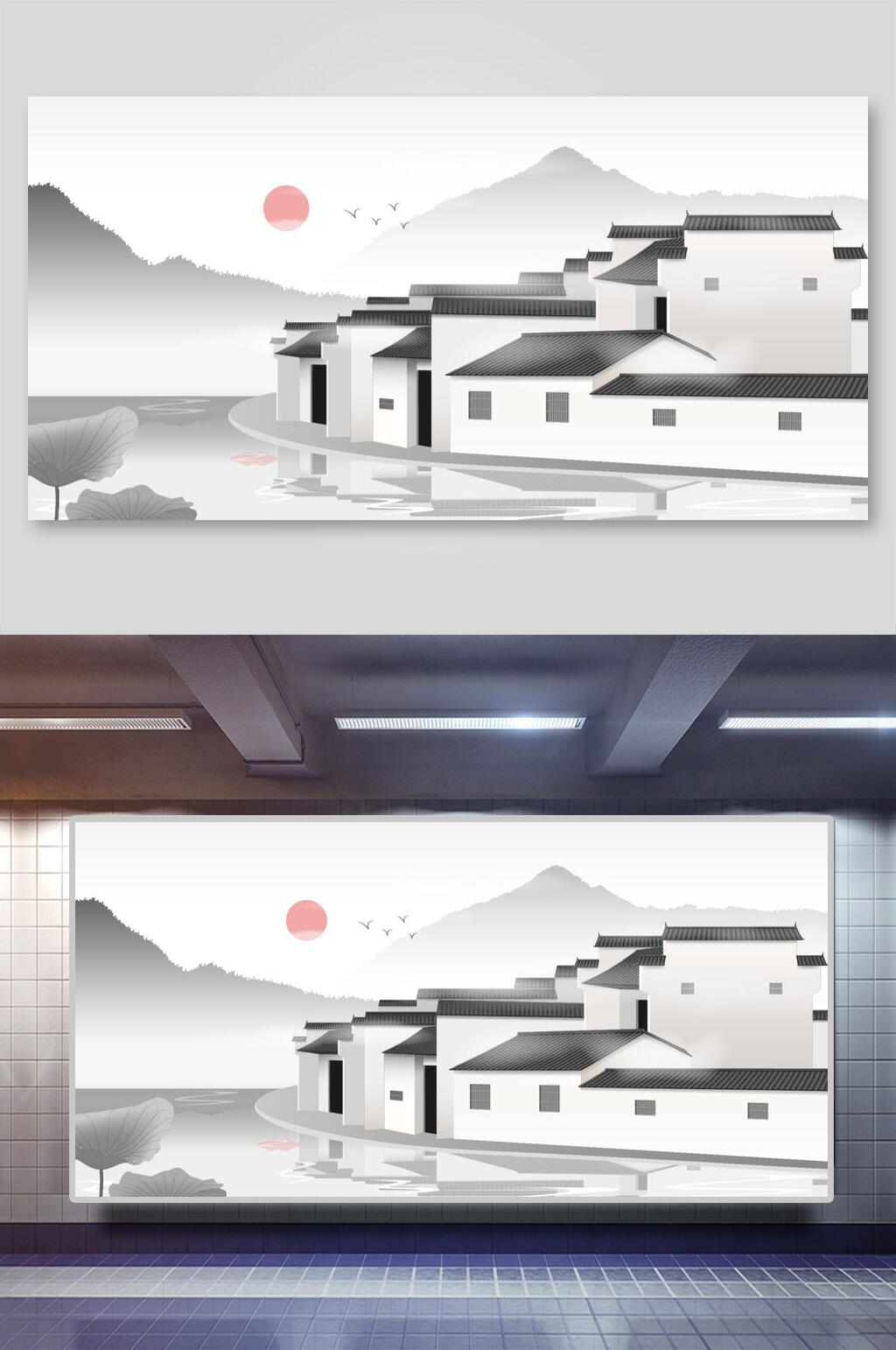 极简高端荷花手绘建筑矢量插画素材