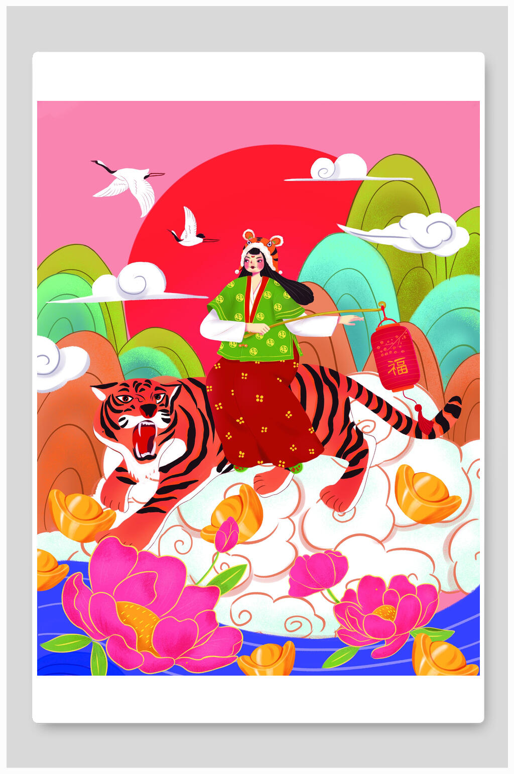 唯美大气花朵仙鹤虎年插画素材
