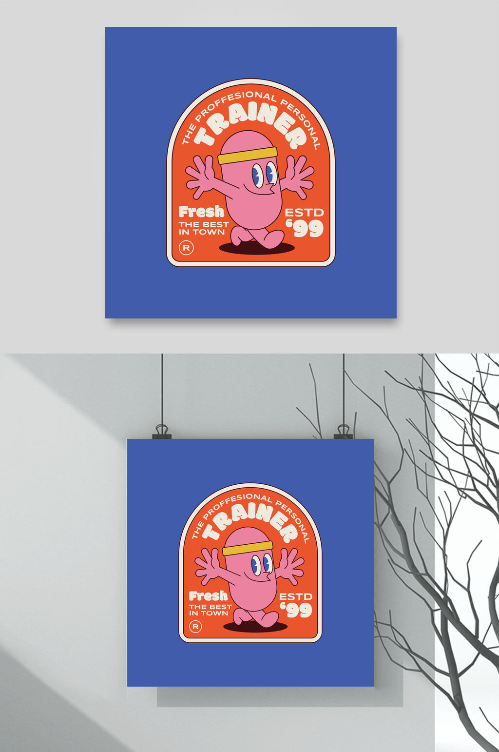 蓝色复古卡通贴纸LOGO素材素材