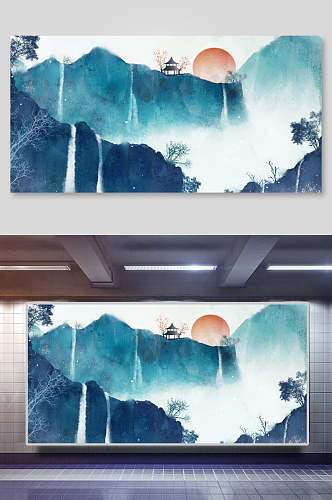 瀑布云雾树木中国山水水墨画背景