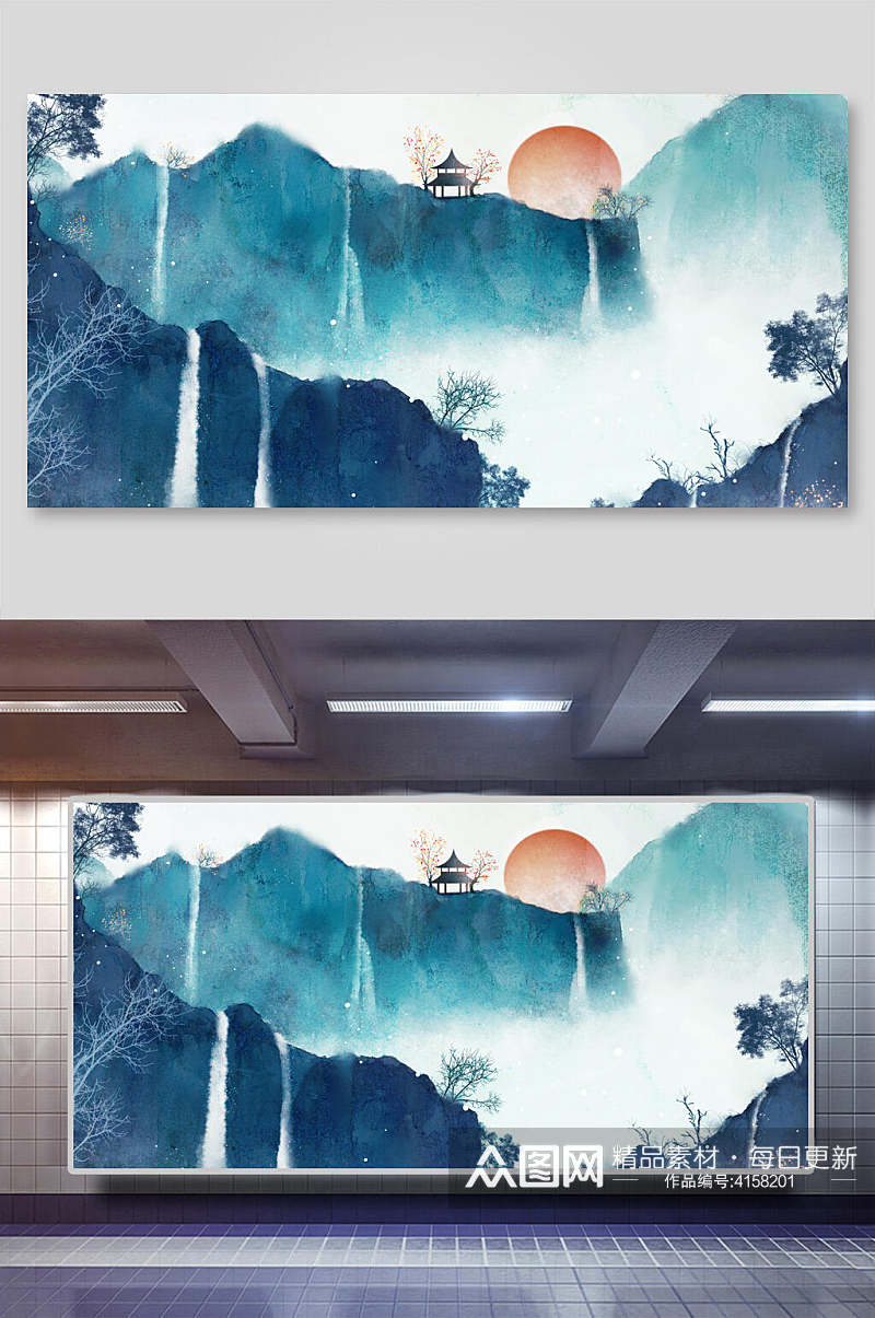 瀑布云雾树木中国山水水墨画背景素材