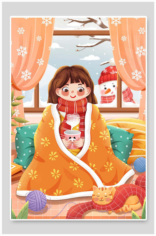 女孩被子手绘猫咪卡通大雪插画