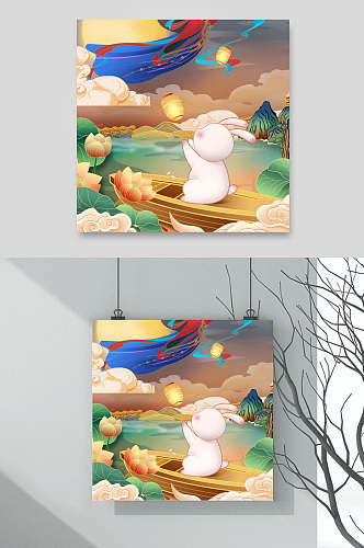 兔子小船手绘清新中秋节团圆插画