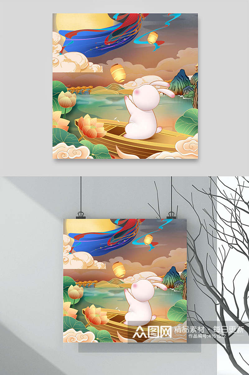 兔子小船手绘清新中秋节团圆插画素材